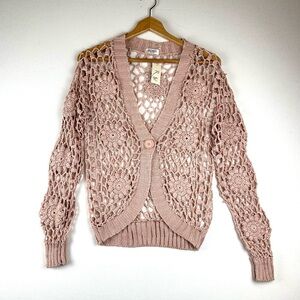 Romy Open Weave Crochet Single Button Sweater Boho NWT